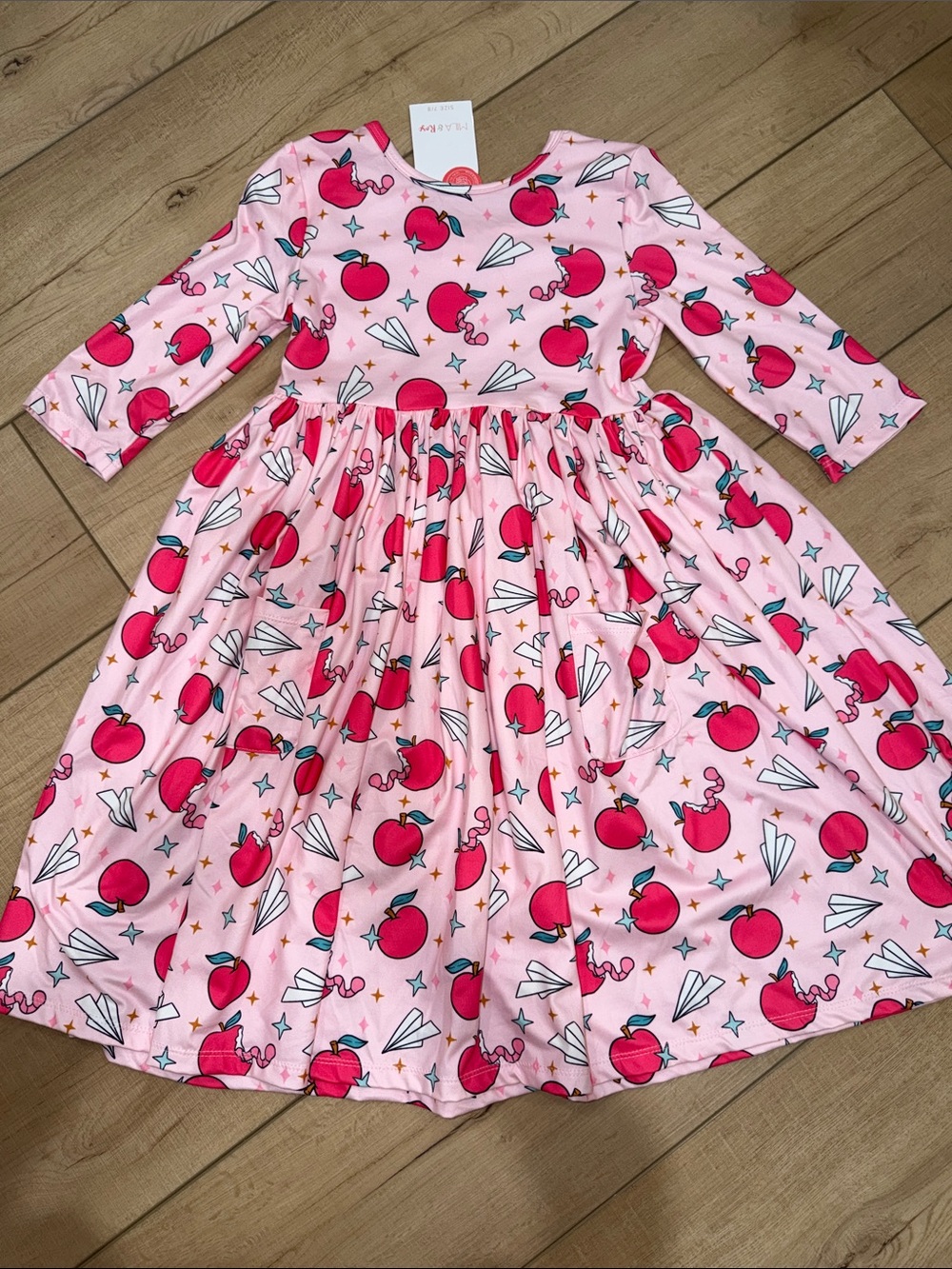 Girls Pink Apple Print Quarter-Sleeve Back to School Twirl Dress